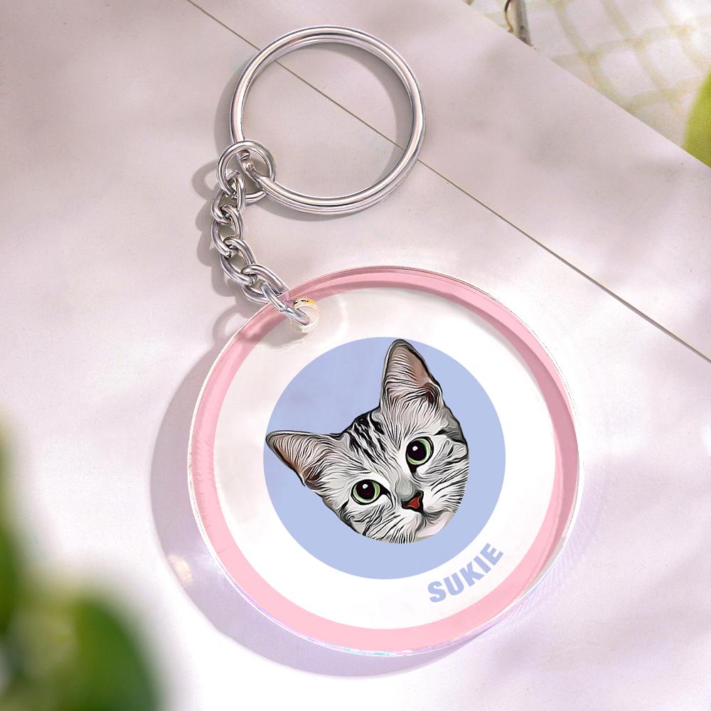 Custom Round Keychain Personalized Pet Photo with Name Keychains Gift for Pet Lover - Pink & Blue - MyFaceBoxer