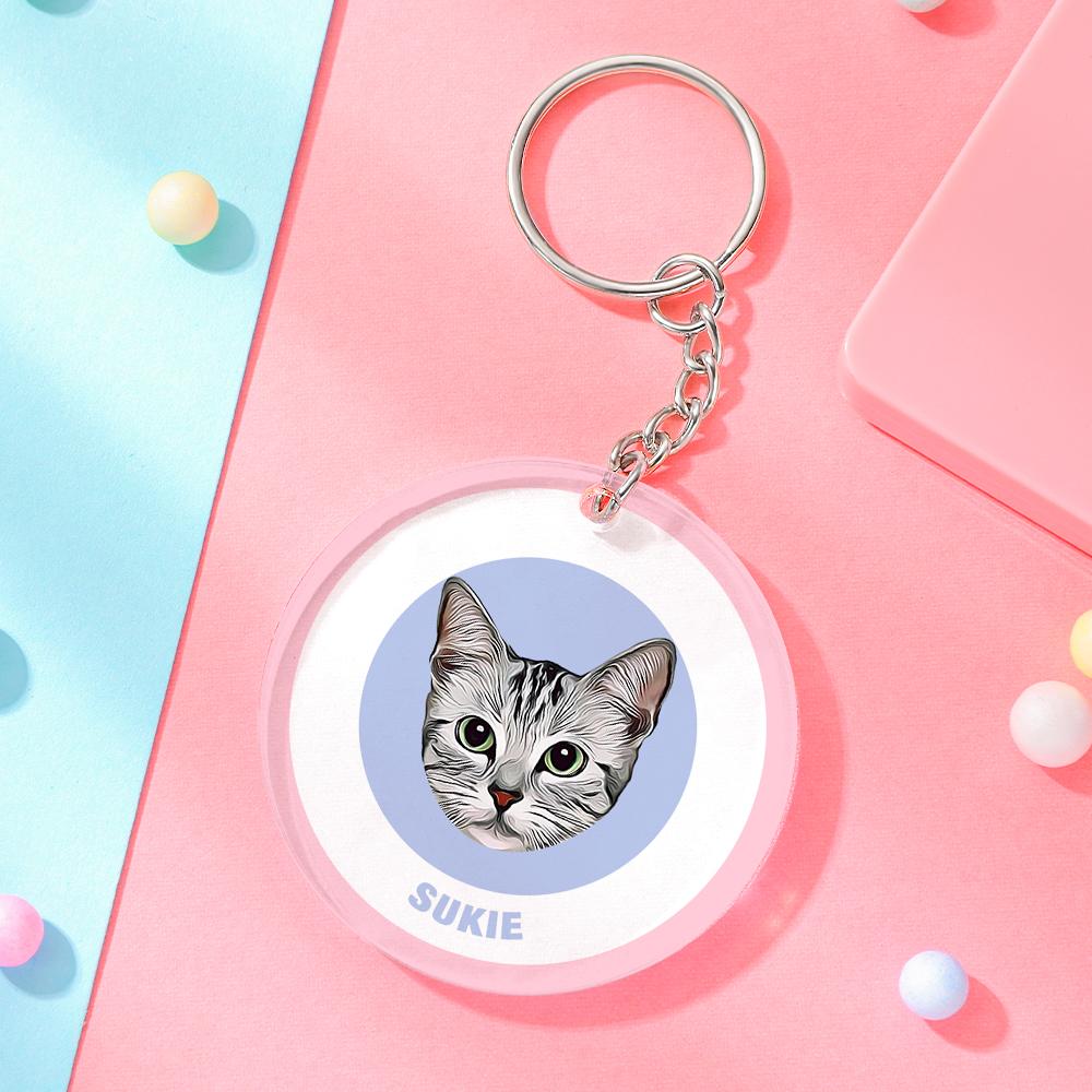 Custom Round Keychain Personalized Pet Photo with Name Keychains Gift for Pet Lover - Pink & Blue - MyFaceBoxer