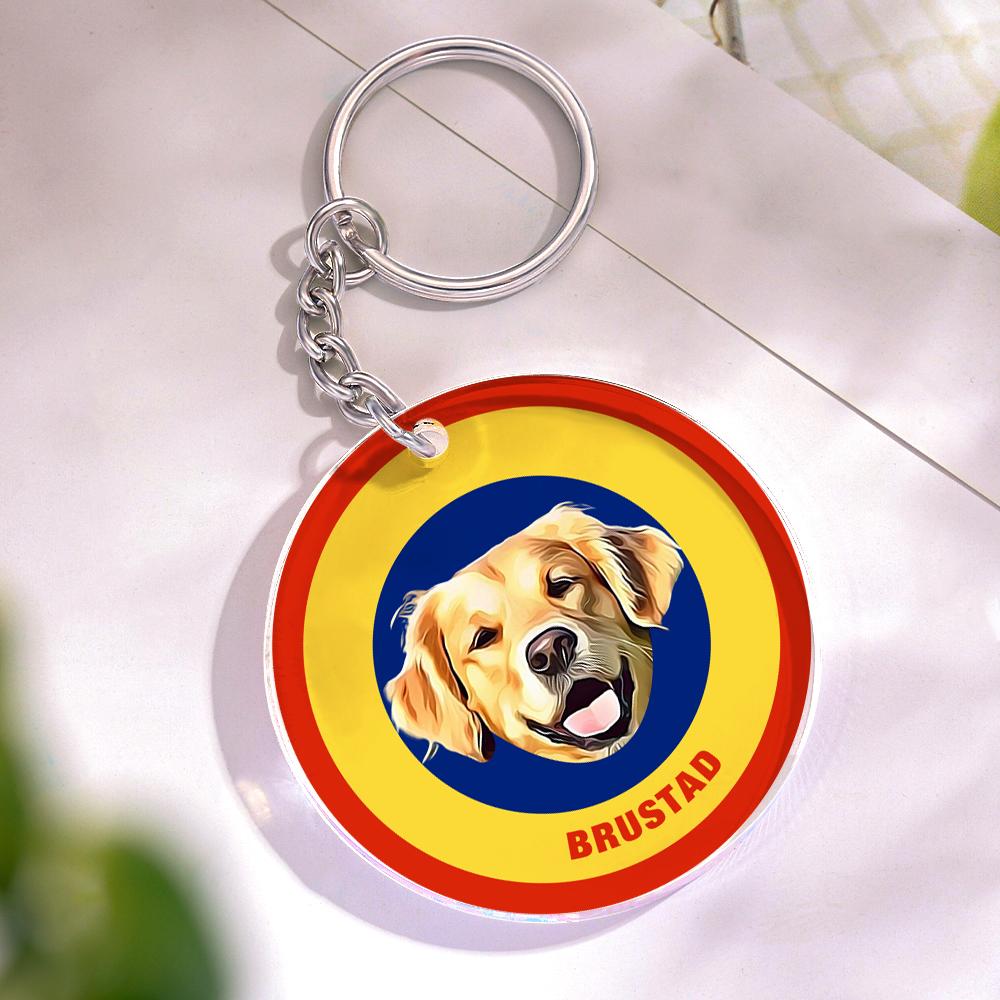 Custom Round Keychain Personalized Pet Photo with Name Keychains Gift for Pet Lover - Yellow & Blue - MyFaceBoxer
