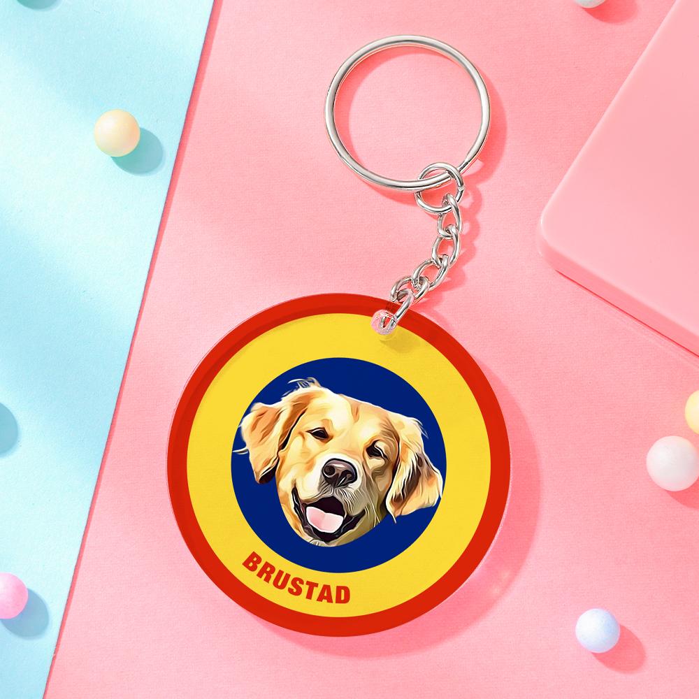 Custom Round Keychain Personalized Pet Photo with Name Keychains Gift for Pet Lover - Yellow & Blue - MyFaceBoxer