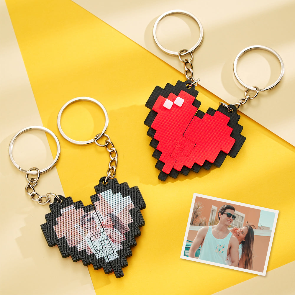 Custom Photo Couple Heart Shape Keychain Personalized 3D Printing Black and Red Pixel Block Keychain Anniversary Gift - MyFaceBoxer