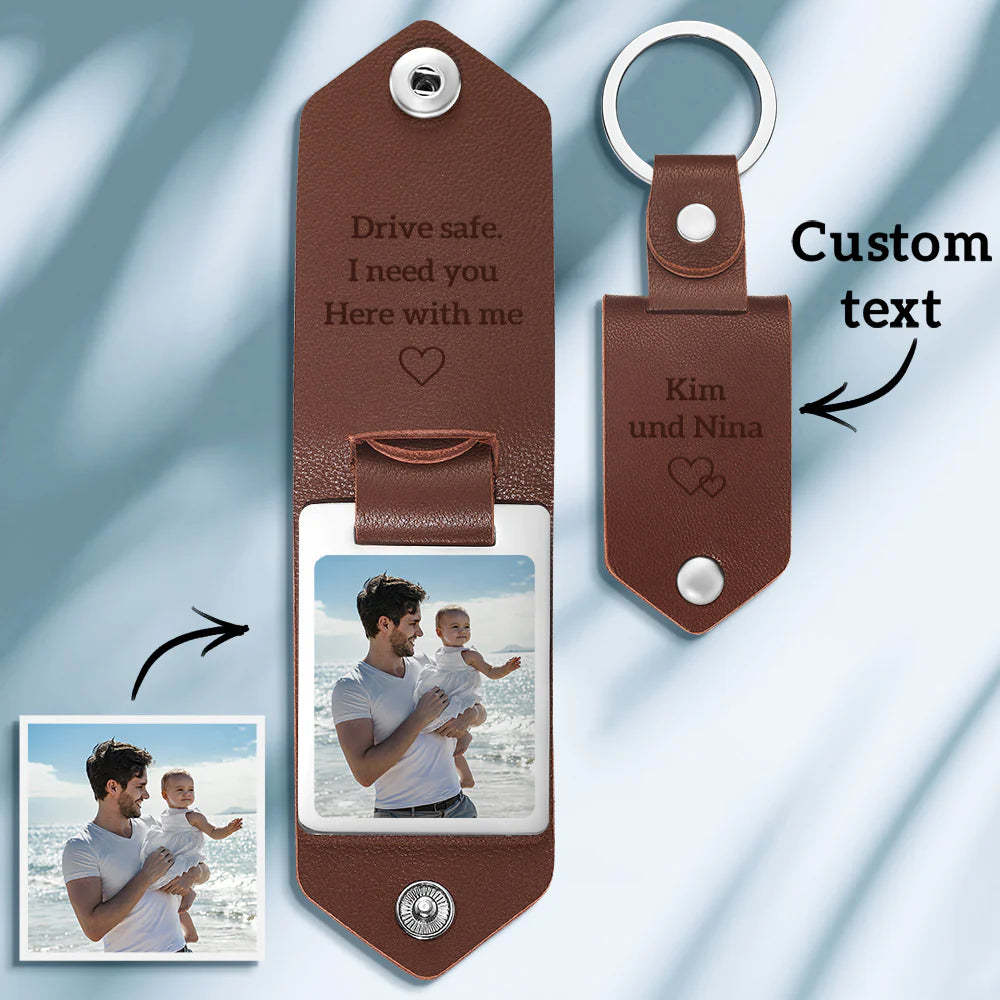 Custom Leather Photo Text Keychain Father's Day Gift - MyFaceBoxer