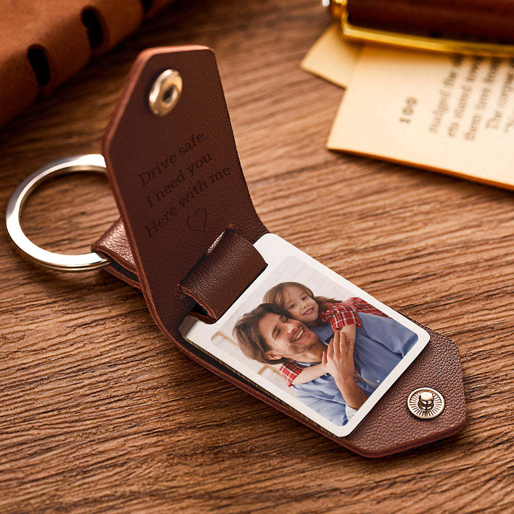 Custom Leather Photo Text Keychain Father's Day Gift - MyFaceBoxer