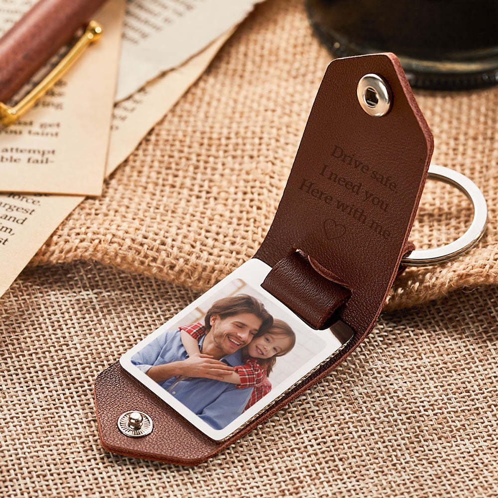 Custom Leather Photo Text Keychain Father's Day Gift - MyFaceBoxer