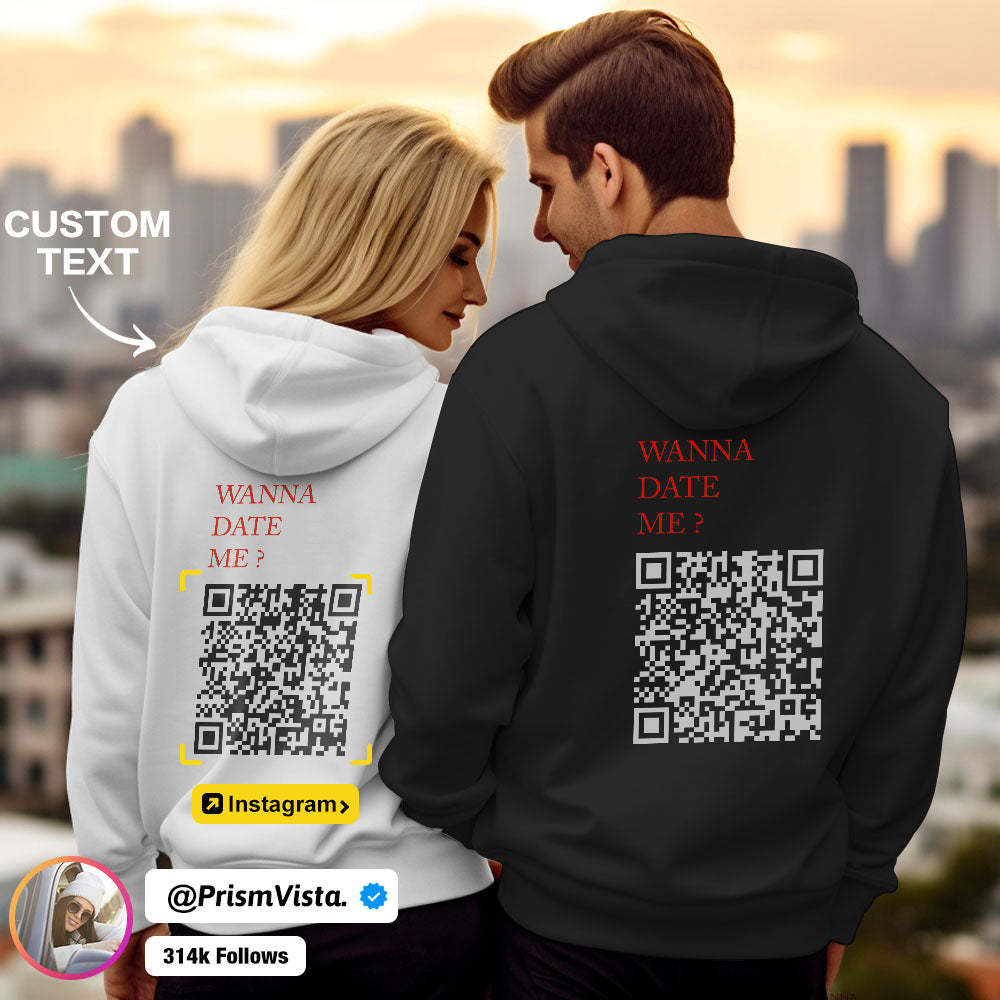 Custom QR Code Sweatshirt Personalized Social Connection Hoodie with Text WANNA DATE ME? - MyFaceBoxer