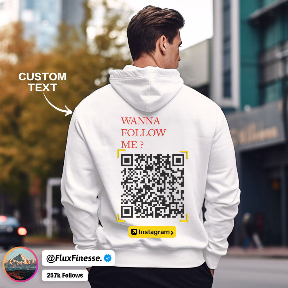 Custom QR Code Sweatshirt Personalized Social Connection Hoodie with Text WANNA FOLLOW ME ? - MyFaceBoxer