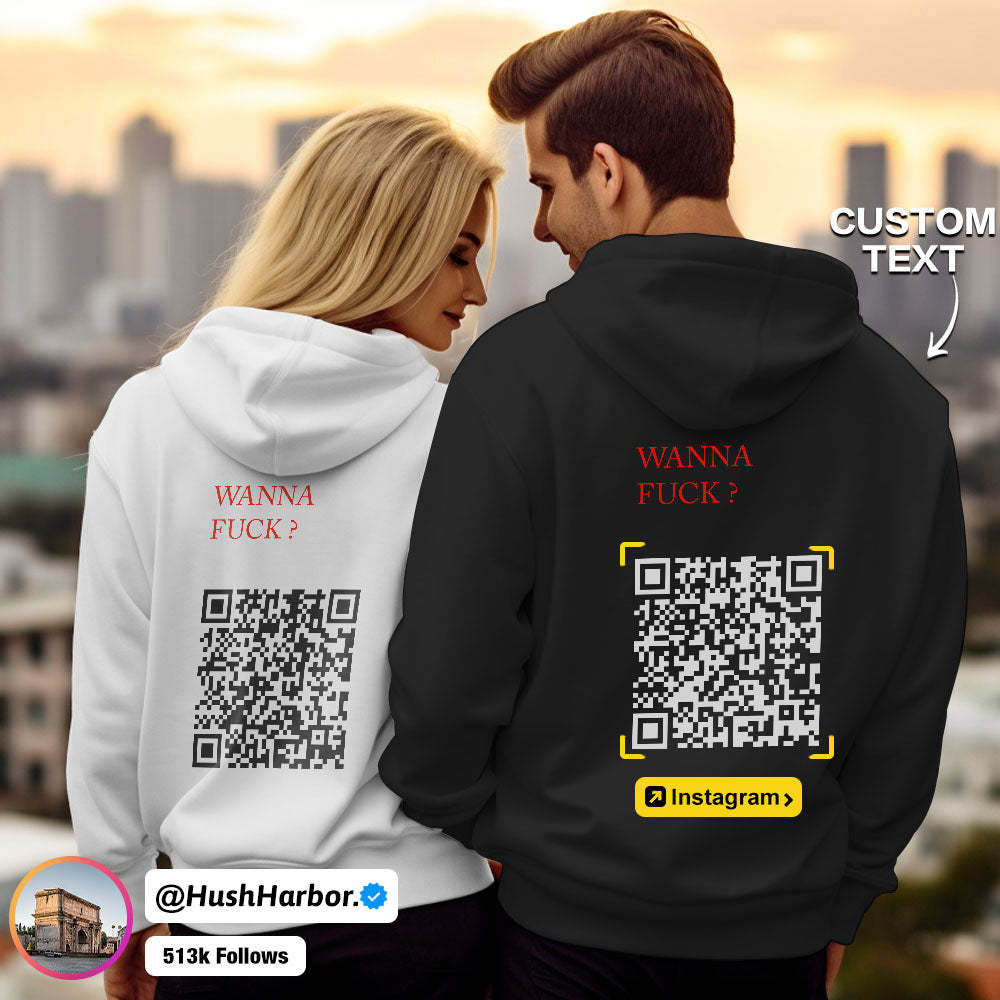 Custom QR Code Sweatshirt Personalized Social Connection Hoodie with Text WANNA HAVE BREAKFAST ? - MyFaceBoxer