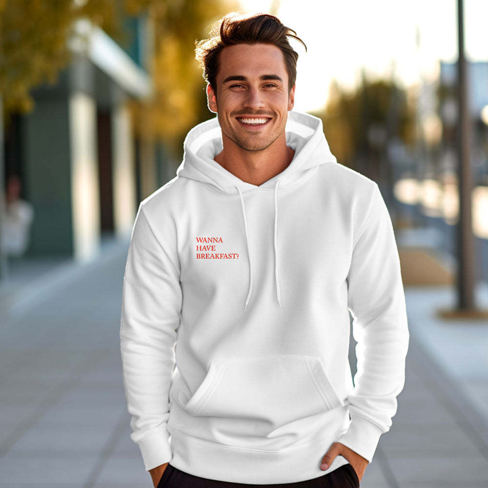 Custom QR Code Sweatshirt Personalized Social Connection Hoodie with Text WANNA HAVE BREAKFAST ? - MyFaceBoxer