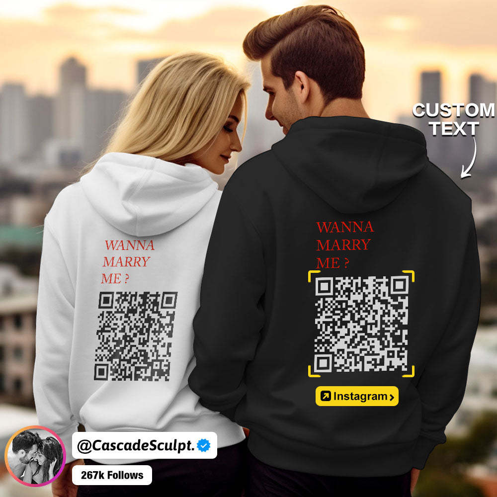 Custom QR Code Sweatshirt Personalized Social Connection Hoodie with Text WANNA MARRY ME ? - MyFaceBoxer
