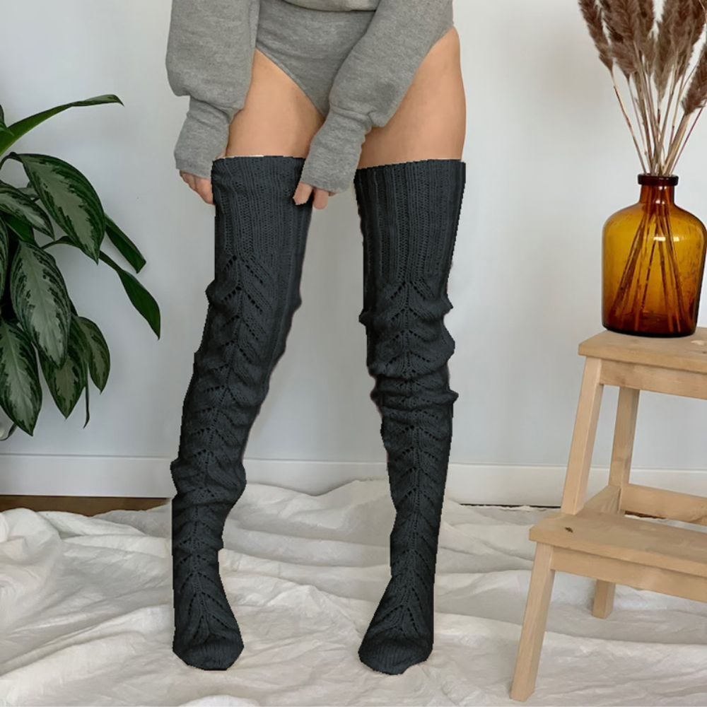 Winter Solid Color Hollow Mesh Long Tube Over The Knee Pile Socks Womens Knitted Socks - MyFaceBoxer