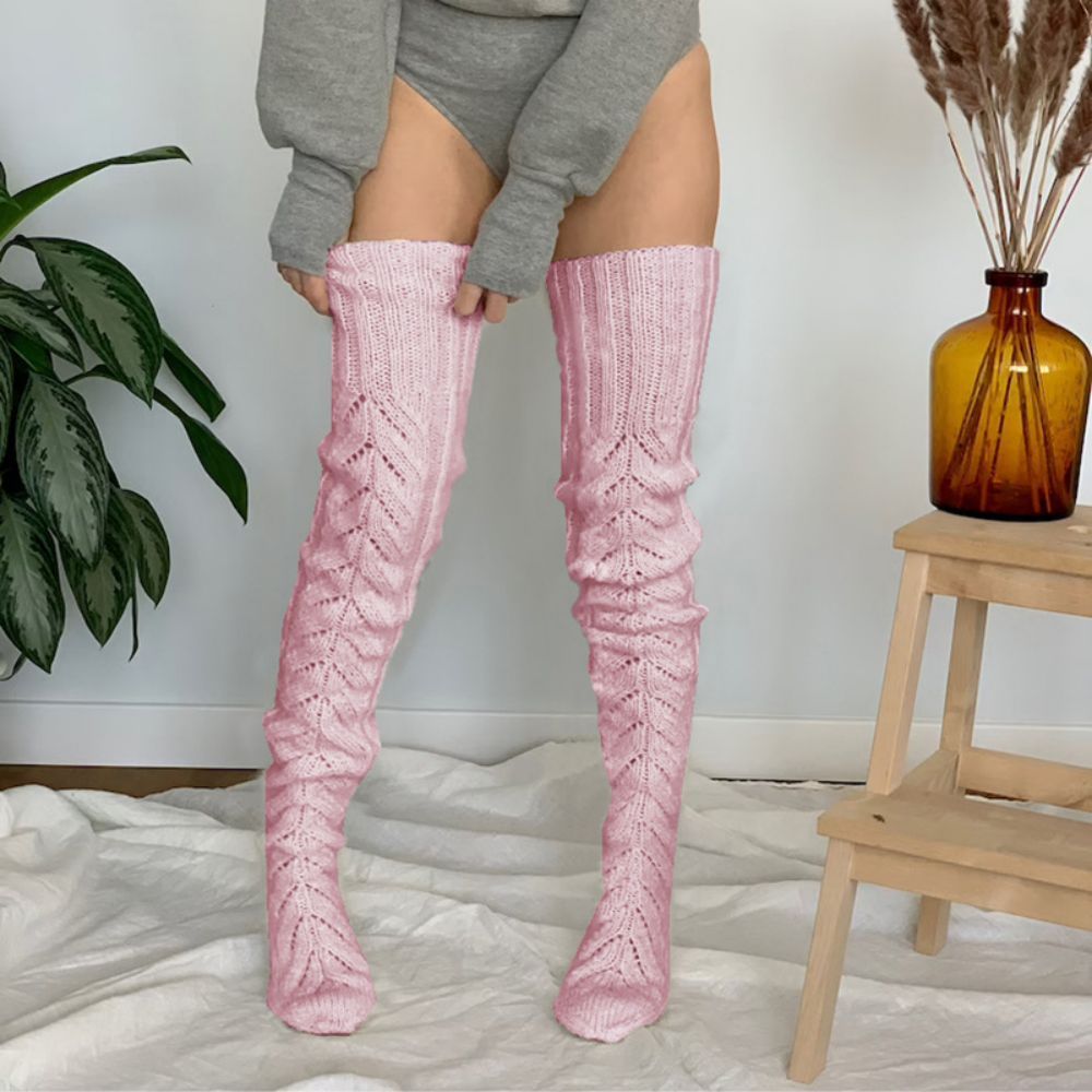 Winter Solid Color Hollow Mesh Long Tube Over The Knee Pile Socks Womens Knitted Socks - MyFaceBoxer