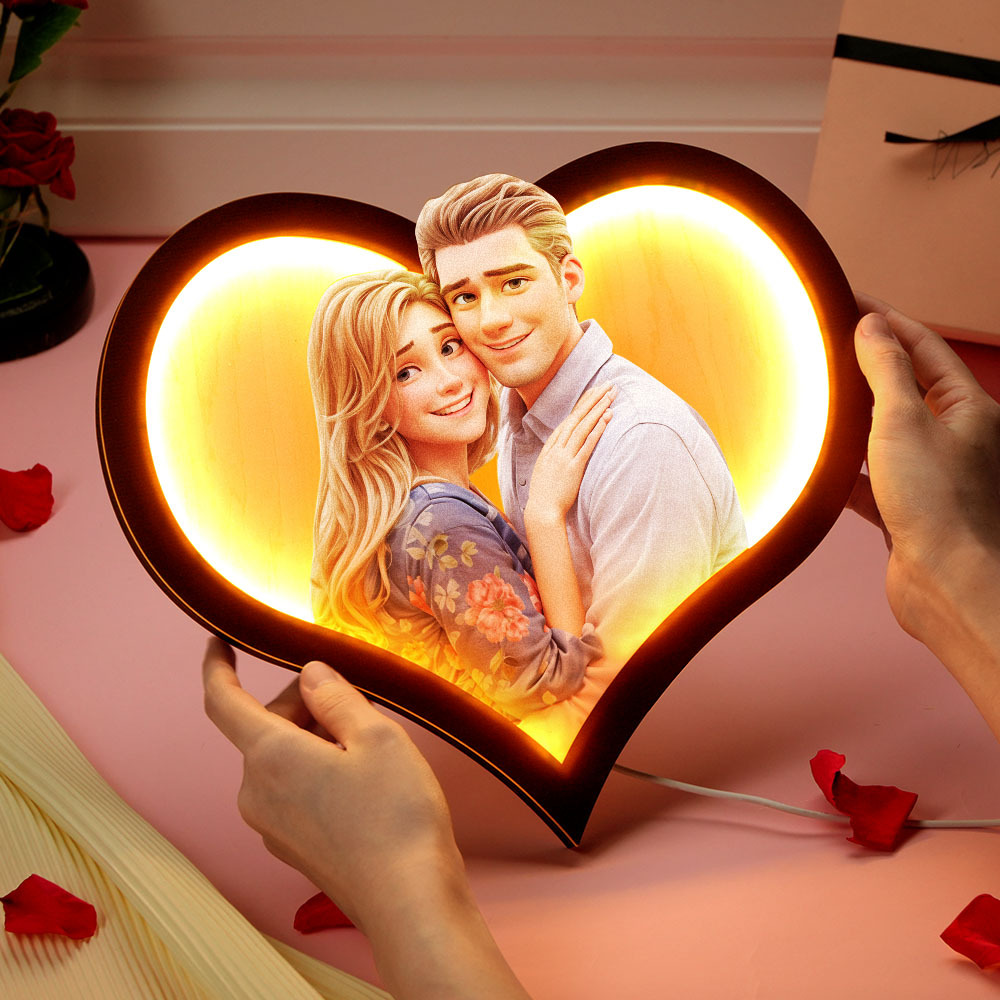 Personalized Heart Photo Cartoon Portrait Frame with LED Gift for Lover - MyFaceBoxer