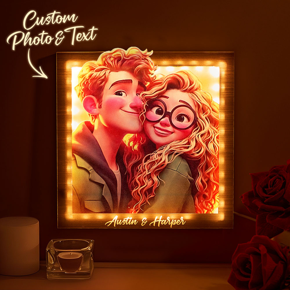 Custom cartoon couple photo square warm light photo frame lamp Valentine's Day gift for couples - MyFaceBoxer