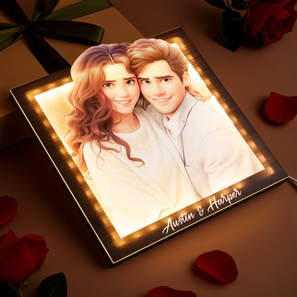Custom cartoon couple photo square warm light photo frame lamp Valentine's Day gift for couples - MyFaceBoxer