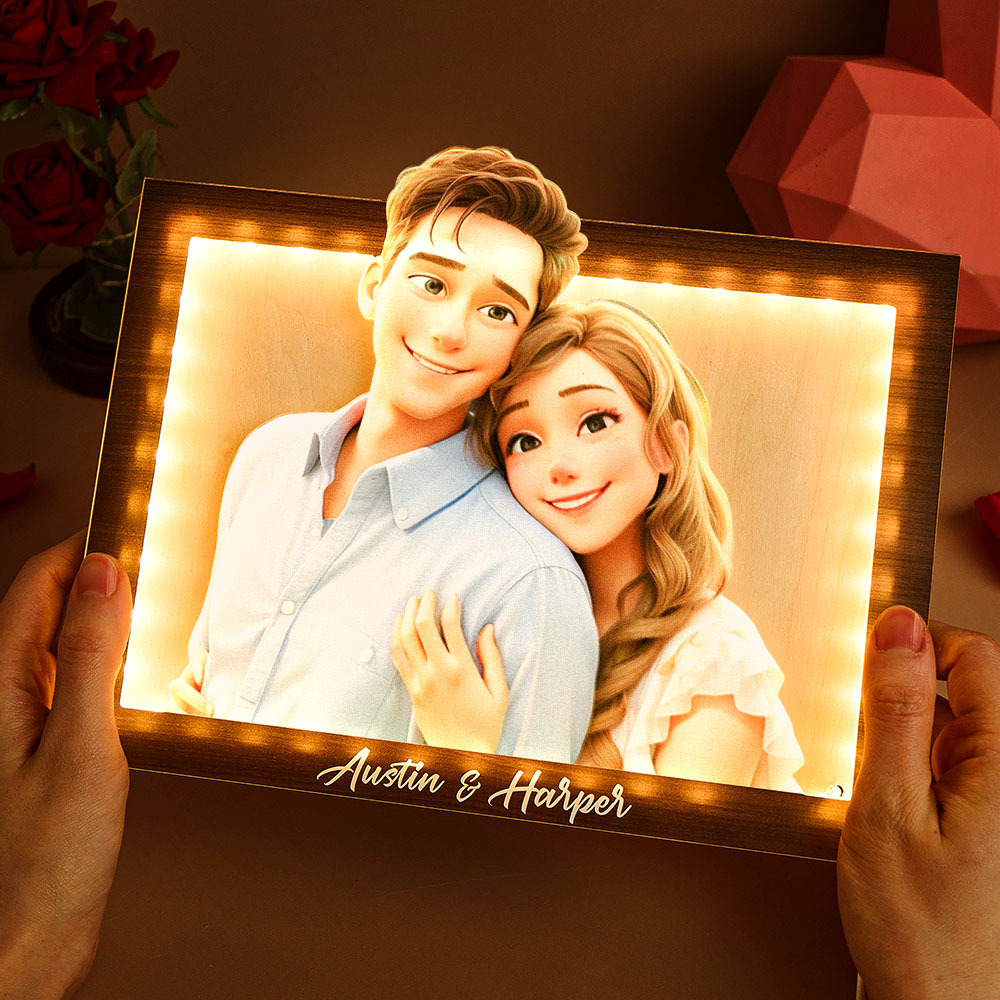 Valentine's Day gift Custom cartoon couple photo rectangular warm light photo frame lamp for couples - MyFaceBoxer
