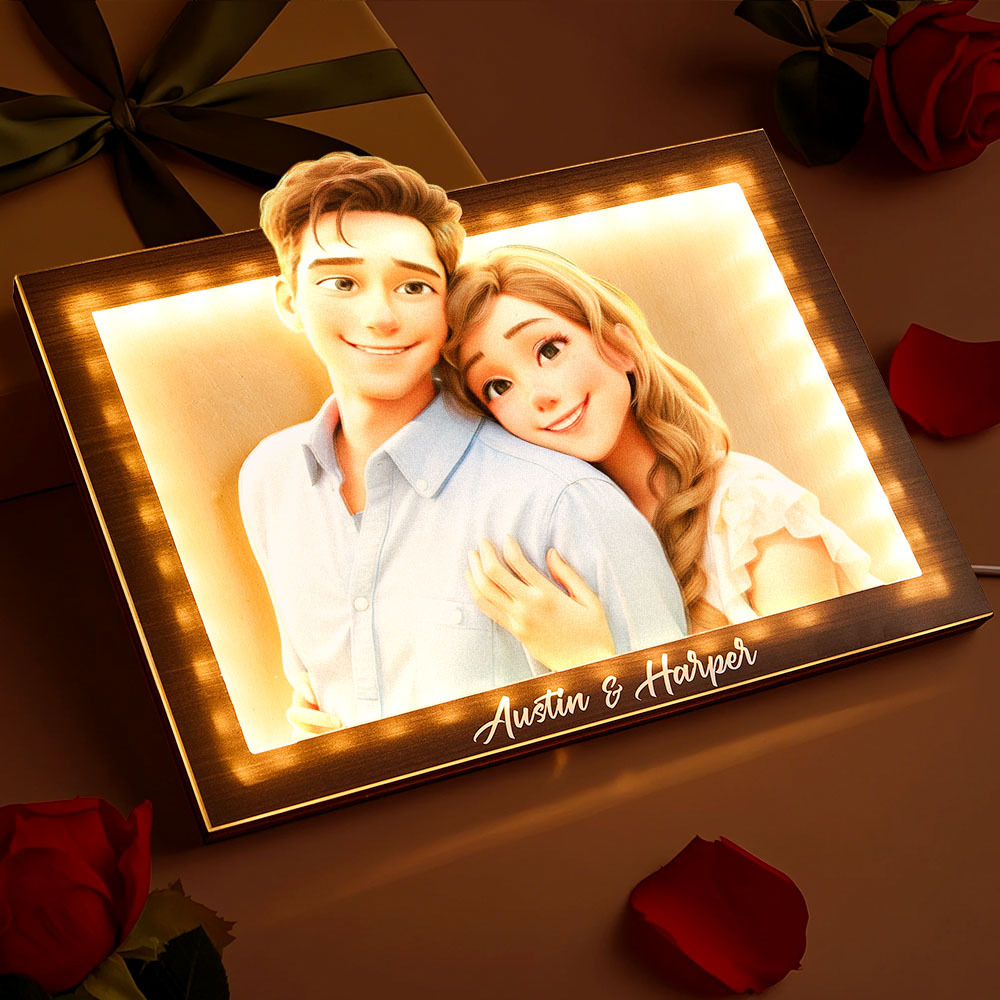 Valentine's Day gift Custom cartoon couple photo rectangular warm light photo frame lamp for couples - MyFaceBoxer