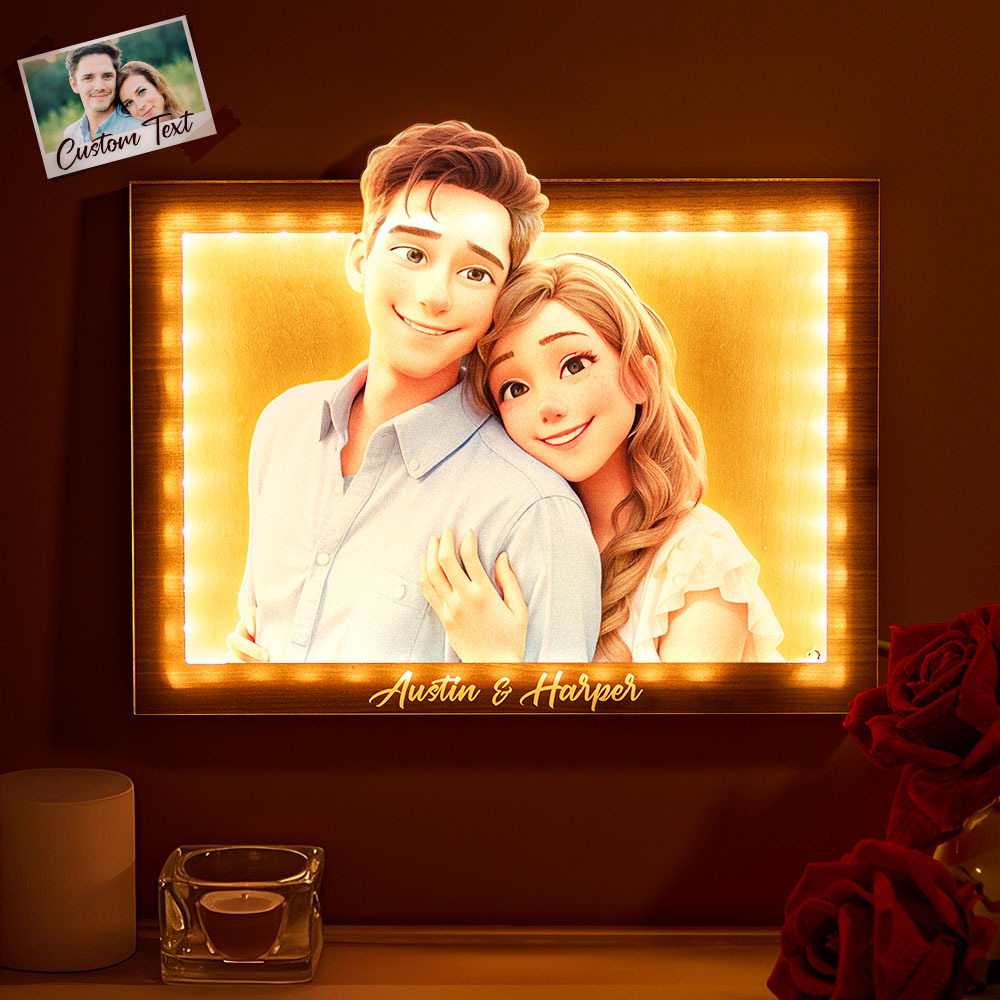 Valentine's Day gift Custom cartoon couple photo rectangular warm light photo frame lamp for couples - MyFaceBoxer