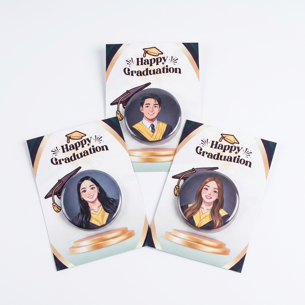 Personalized Graduation Photo Pins - Custom Graduate Illustration Button Badges - Unique Class of 2026 Keepsake & Graduation Gift