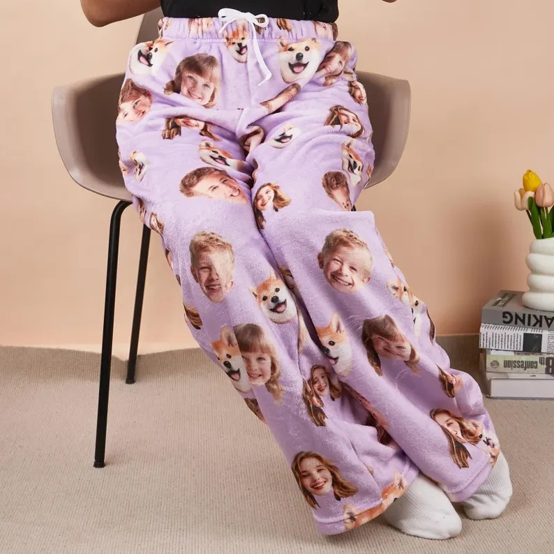 Personalized Photo Pajama Pants Coral Fleece Customized Face Pajama Pants For Couples