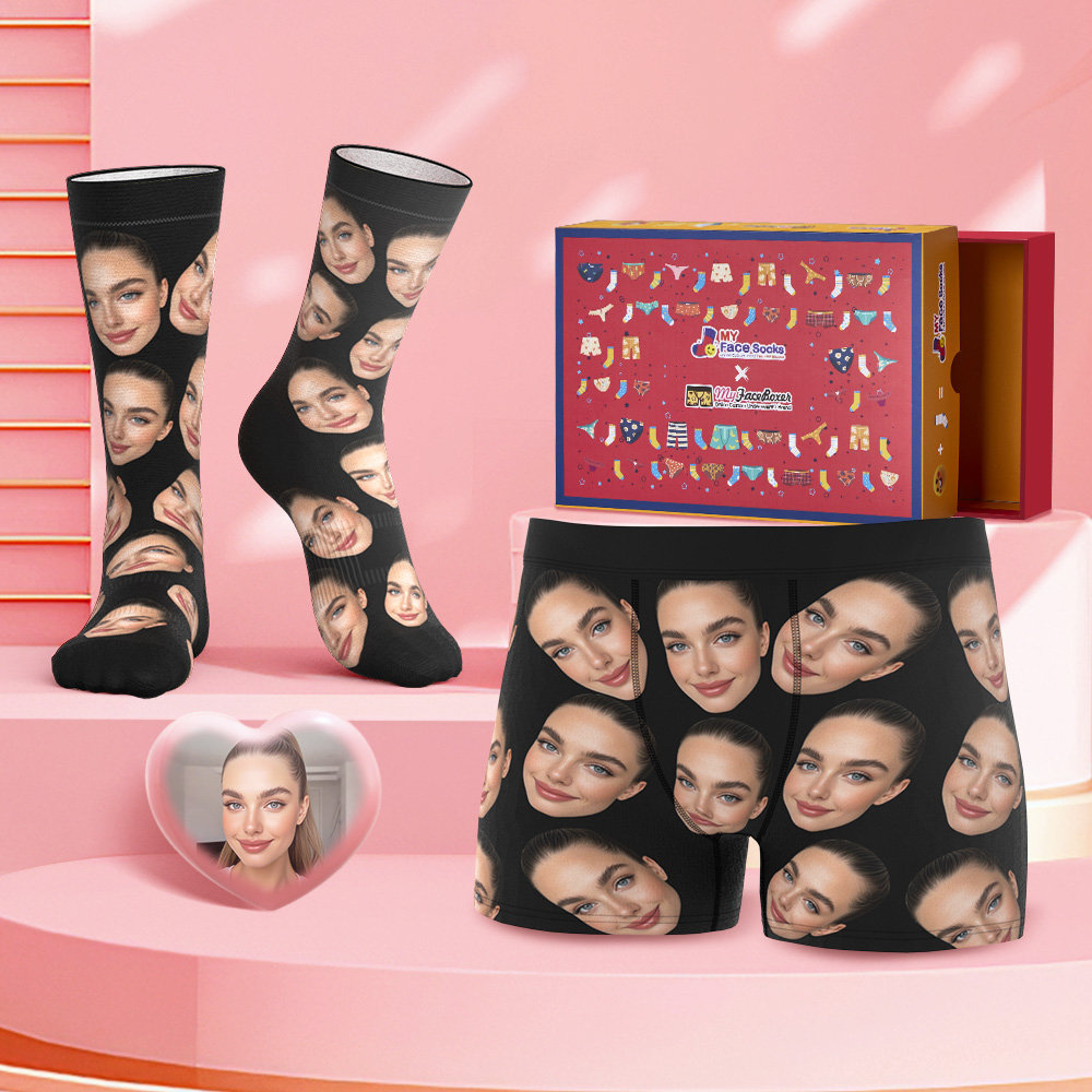 Custom Big Face Boxer Shorts And Socks Set Personalized Photo Gift
