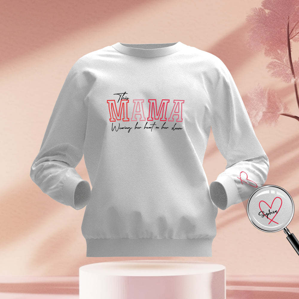 Custom Name Round Neck Sweatshirt Personalized Crewneck Sweatshirts Wear Heart On Sleeve Sweatshirt Mother's Day Gift - MyFaceBoxer