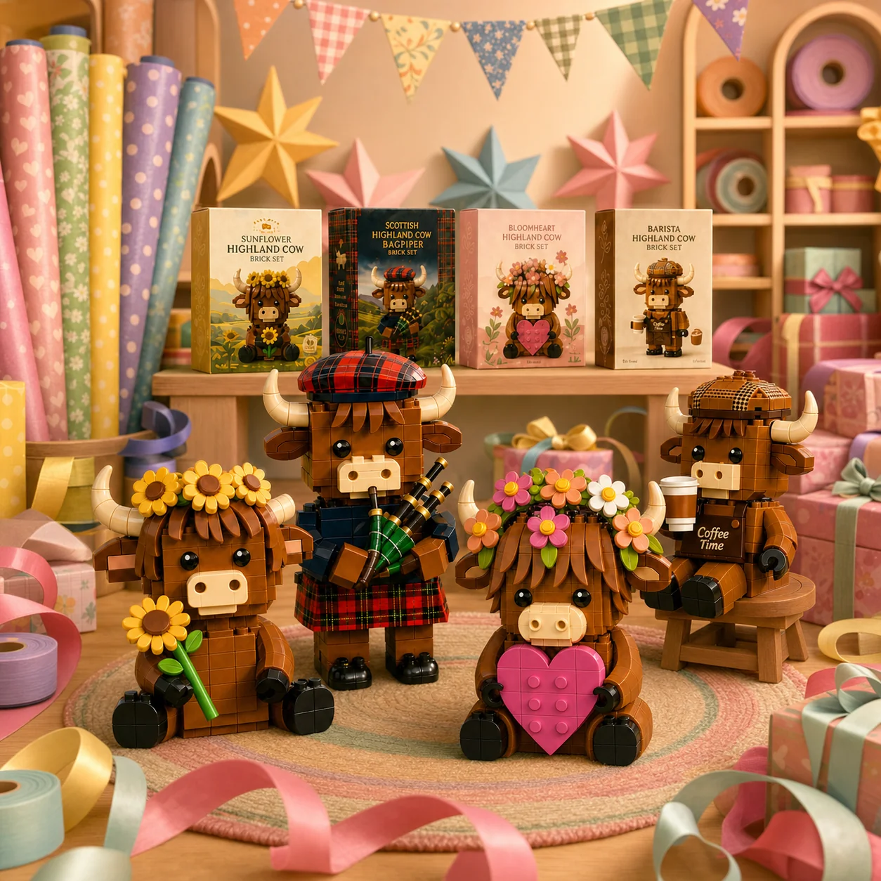 Scottish Highland Cow Bagpiper Brick Set