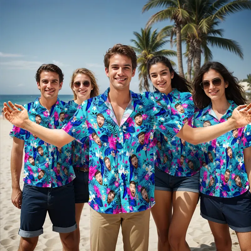 Custom Hawaiian Shirt With Face Personalized Logo All Over Print Light Blue Shirt For Company - MyFaceBoxer