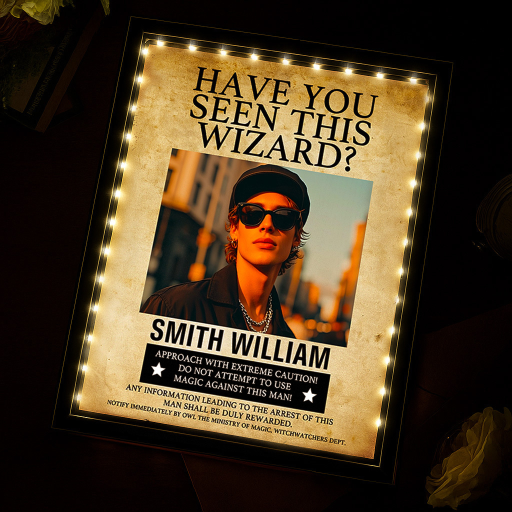 Custom "Have You Seen This Wizard?" Wanted Mirror Lamp – Personalized Name & House Styles