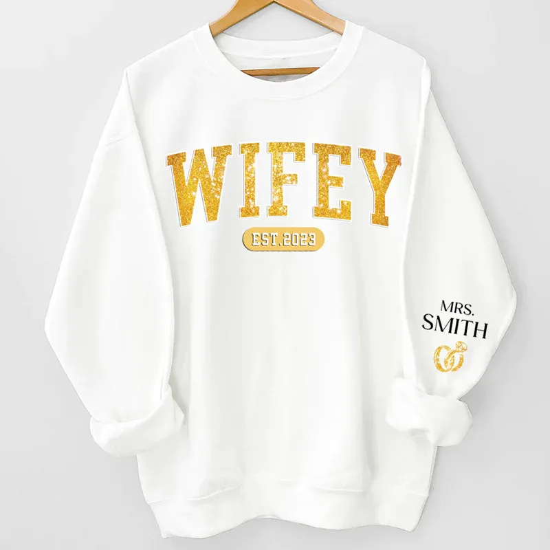Wifey Est - Couple Personalized Custom Unisex Sweatshirt With Design On Sleeve - Gift For Husband Wife, Anniversary - MyFaceBoxer