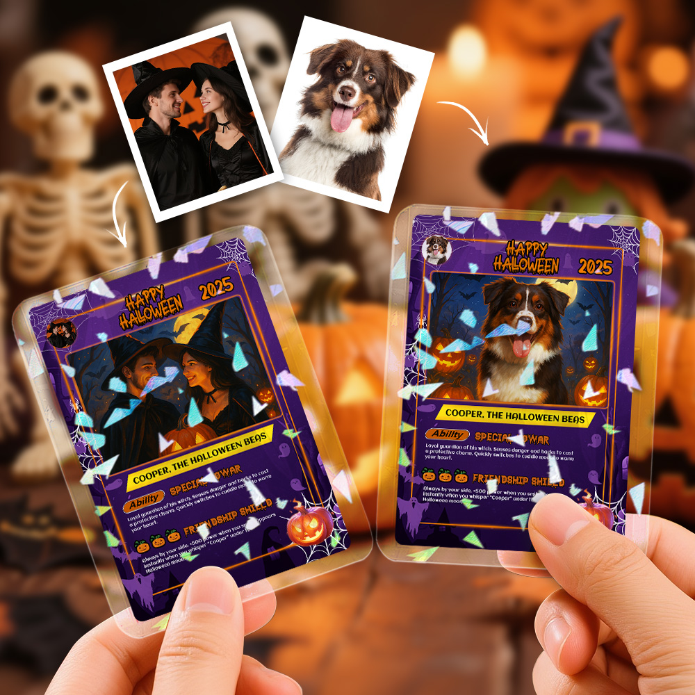 Custom Halloween & Christmas Couple Card – Personalized Cartoon Trading Card with Photo & Name, Unique Holiday Gift for Him & Her - MyFaceSocksUK