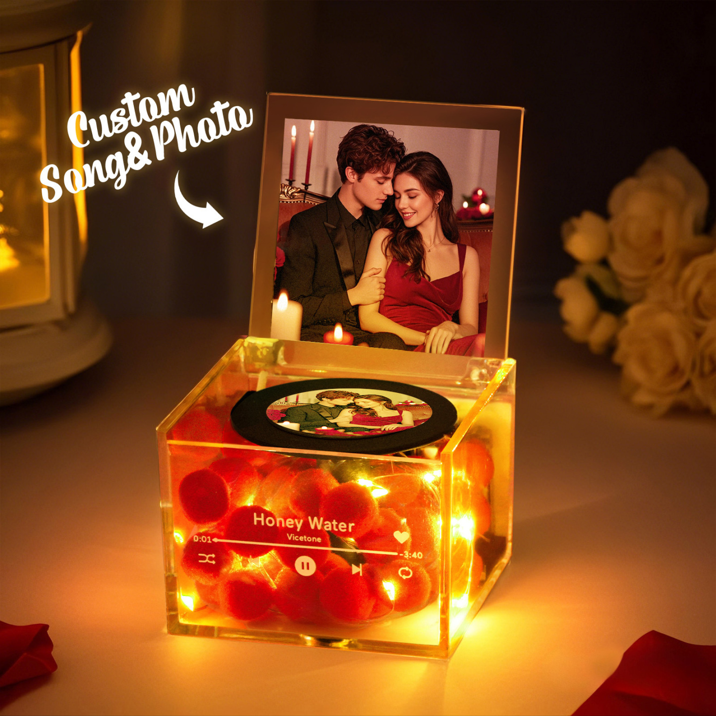 Custom Mini Vinyl Record Player Custom Red Heart Flower Style Photo Engraved Anniversary Gift for Couples - MyFaceBoxer