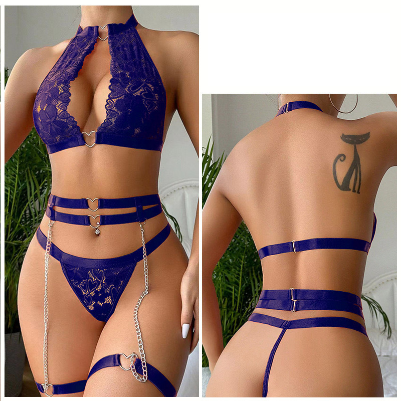 Sexy Halter Heart Ring Cutout Chain Floral Lace Sheer Garter Belt Lingerie Set 3 Piece