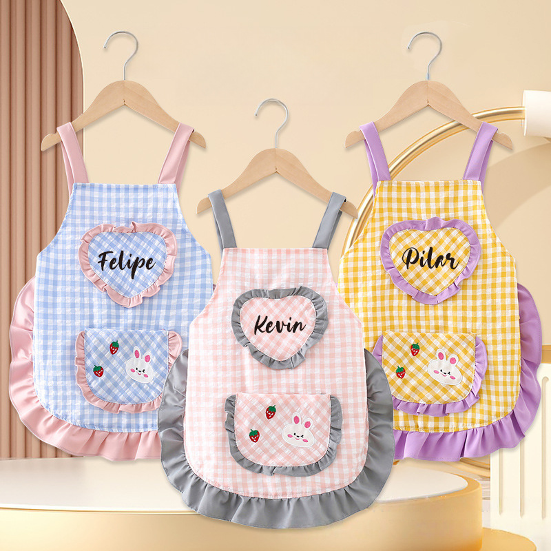 Personalized Embroidered Name Plaid Heart Bunny Apron - Cute Lace Trim Ruffle Bib for Toddlers & Kids