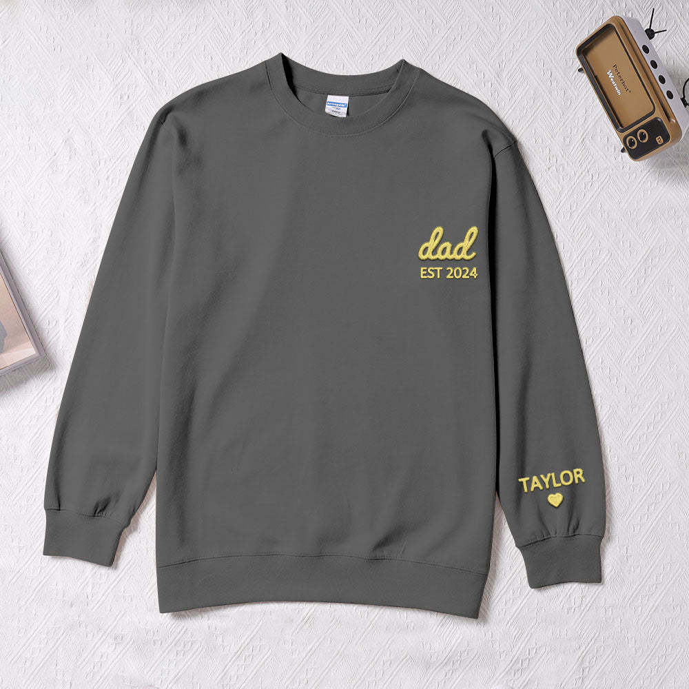 Personalized Dad Embroidered Sweatshirt With Date Custom Sleeve With Kid's Name