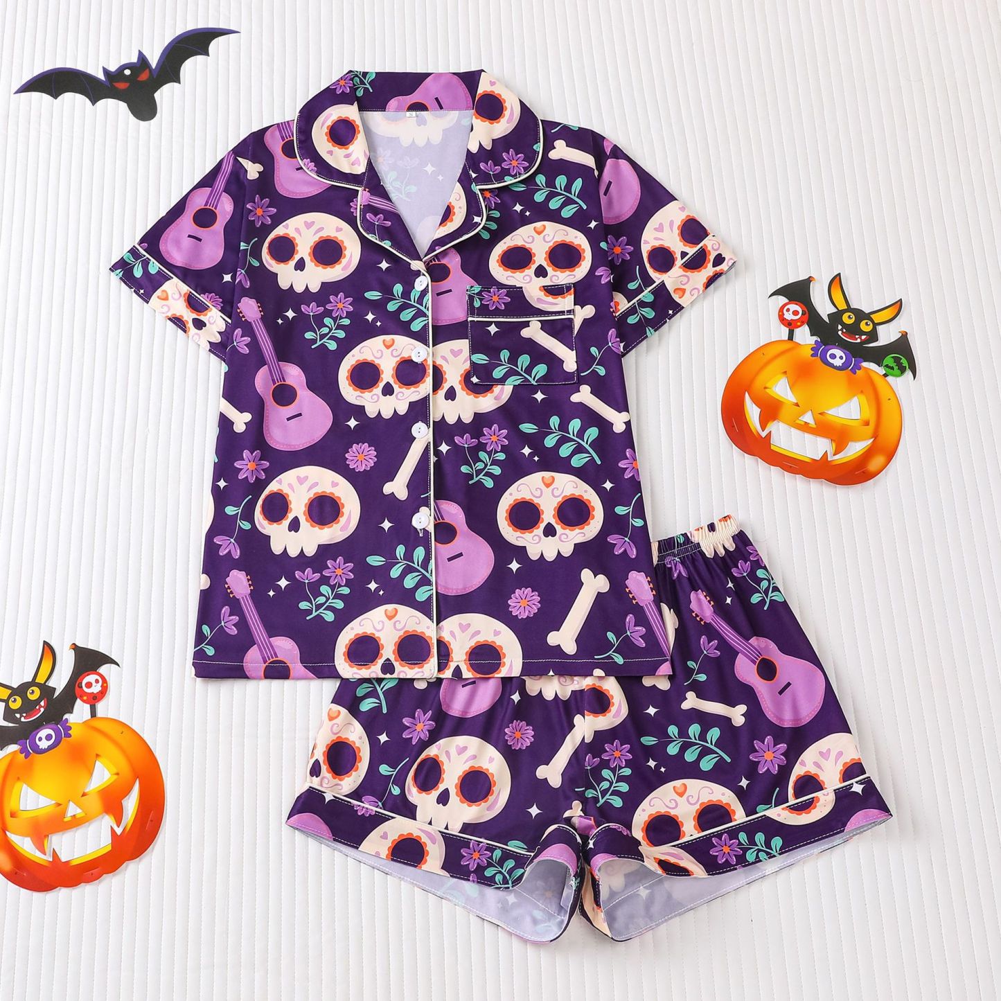 Women’s Halloween Print Pajama Set – Short Sleeve Button-Down Top and Shorts Lounge Wear