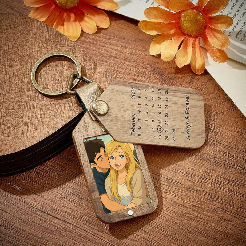 Personalized Wooden Cartoon Style Photo Keychain Customized Date Gift for Couple