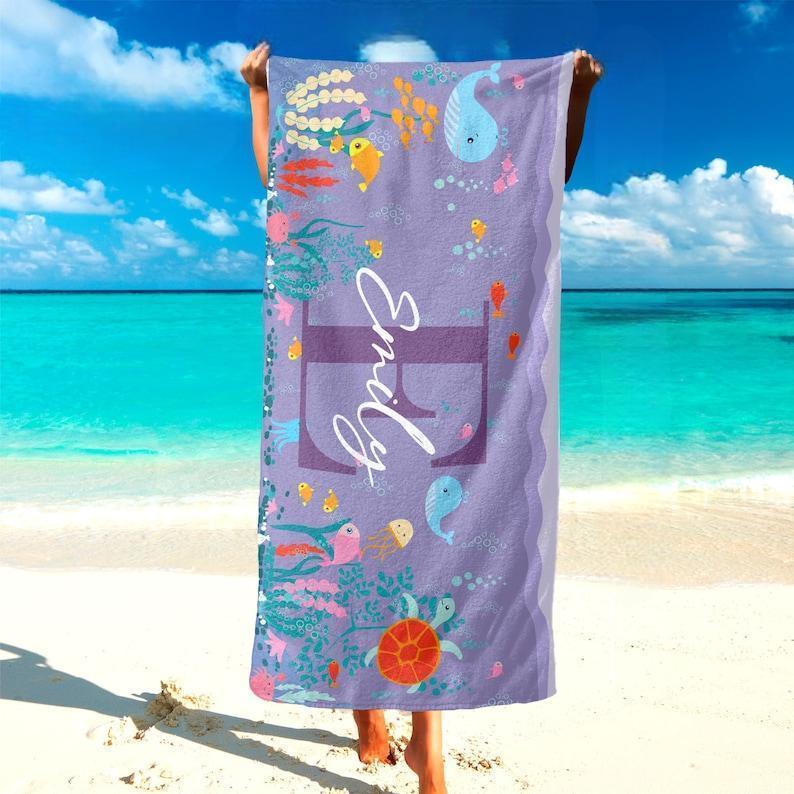 Custom Kids Beach Towels, Personalized Pool Towel with Your Name Bath Towel for Girls Boys Cute Baby Towel Ocean Print