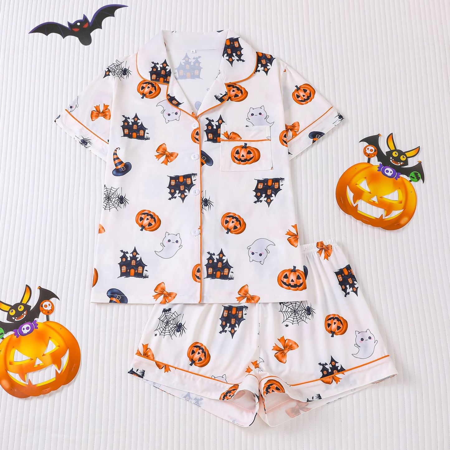 Women’s Halloween Print Pajama Set – Short Sleeve Button-Down Top and Shorts Lounge Wear