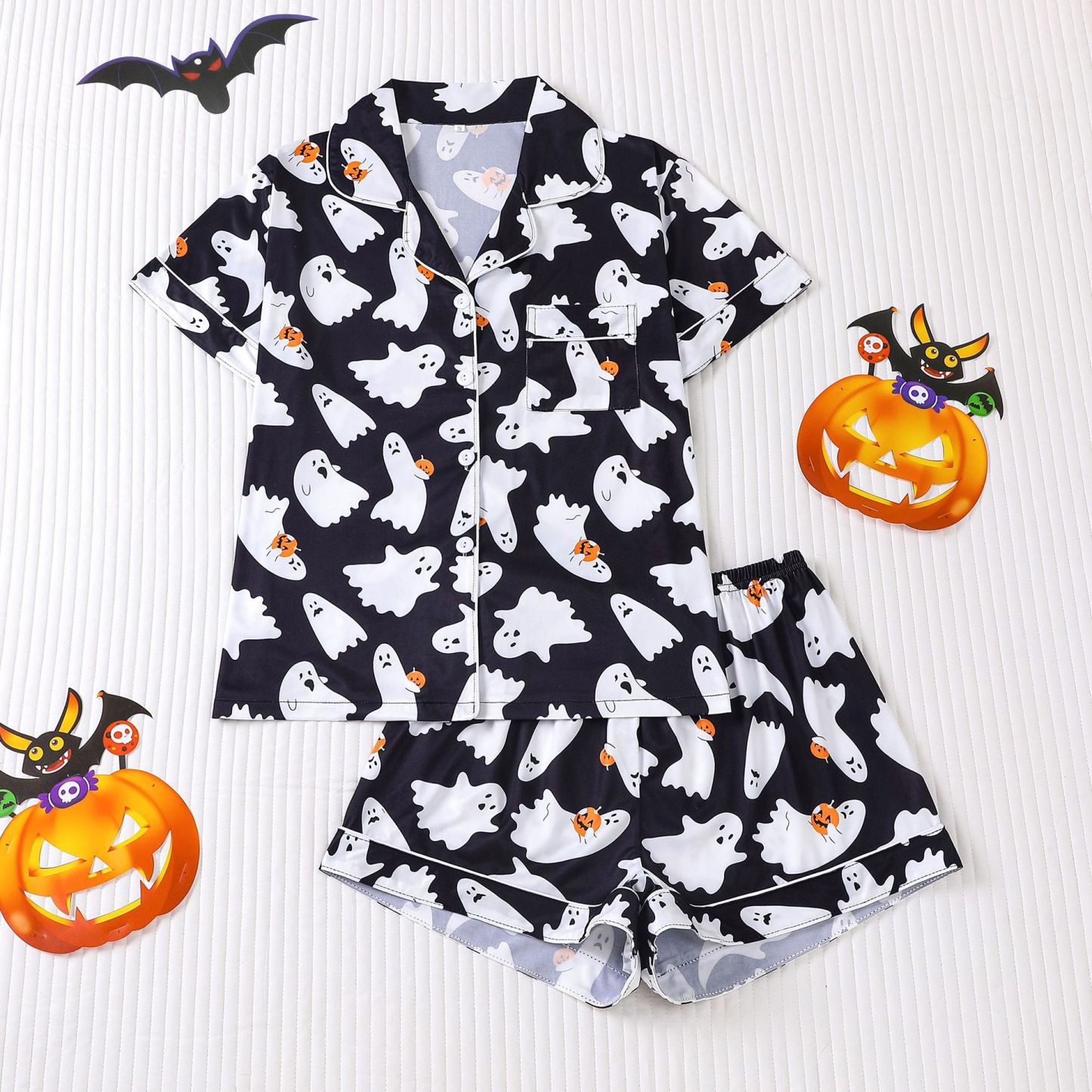 Women’s Halloween Print Pajama Set – Short Sleeve Button-Down Top and Shorts Lounge Wear