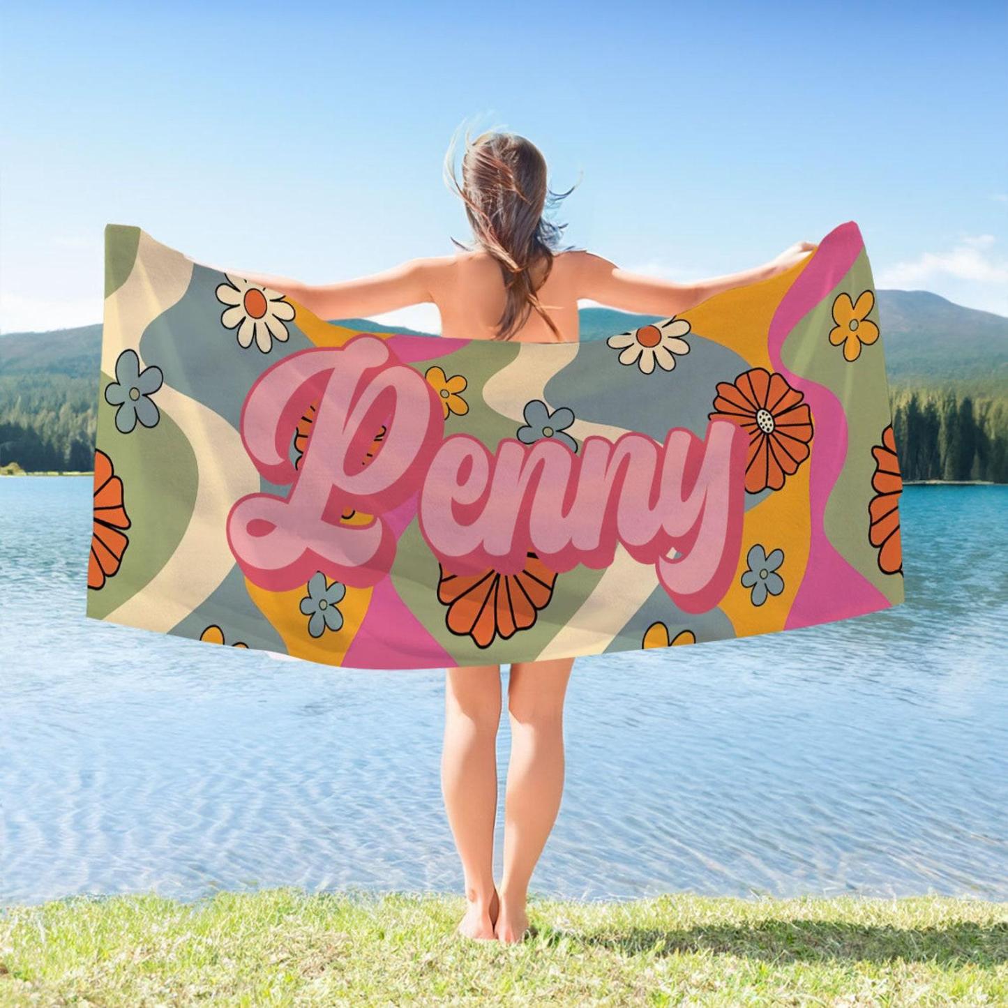 Custom Pink Flower Beach Towel,Personalized Bath Towel With Name,Pool Towel For Adults,Vacation Gift,Birthday Gift,Oversized Beach Towel - MyFaceBoxer