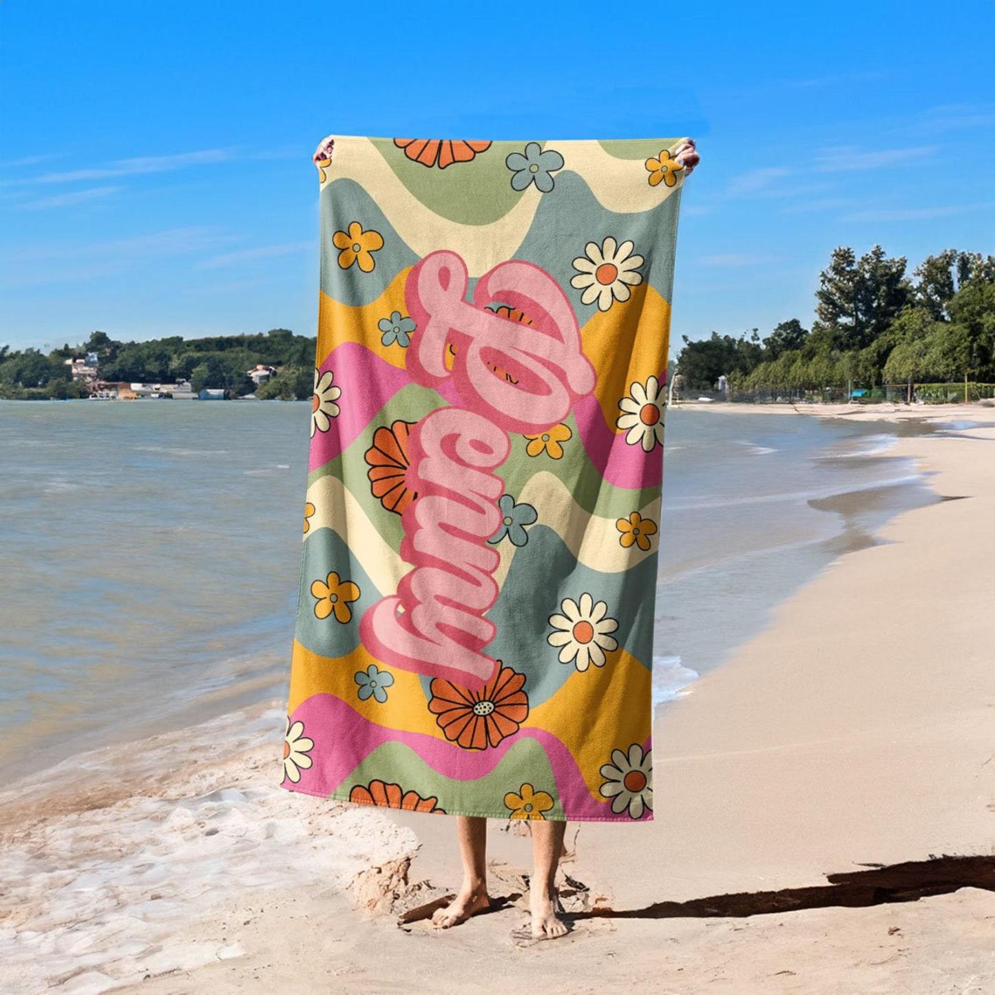 Custom Pink Flower Beach Towel,Personalized Bath Towel With Name,Pool