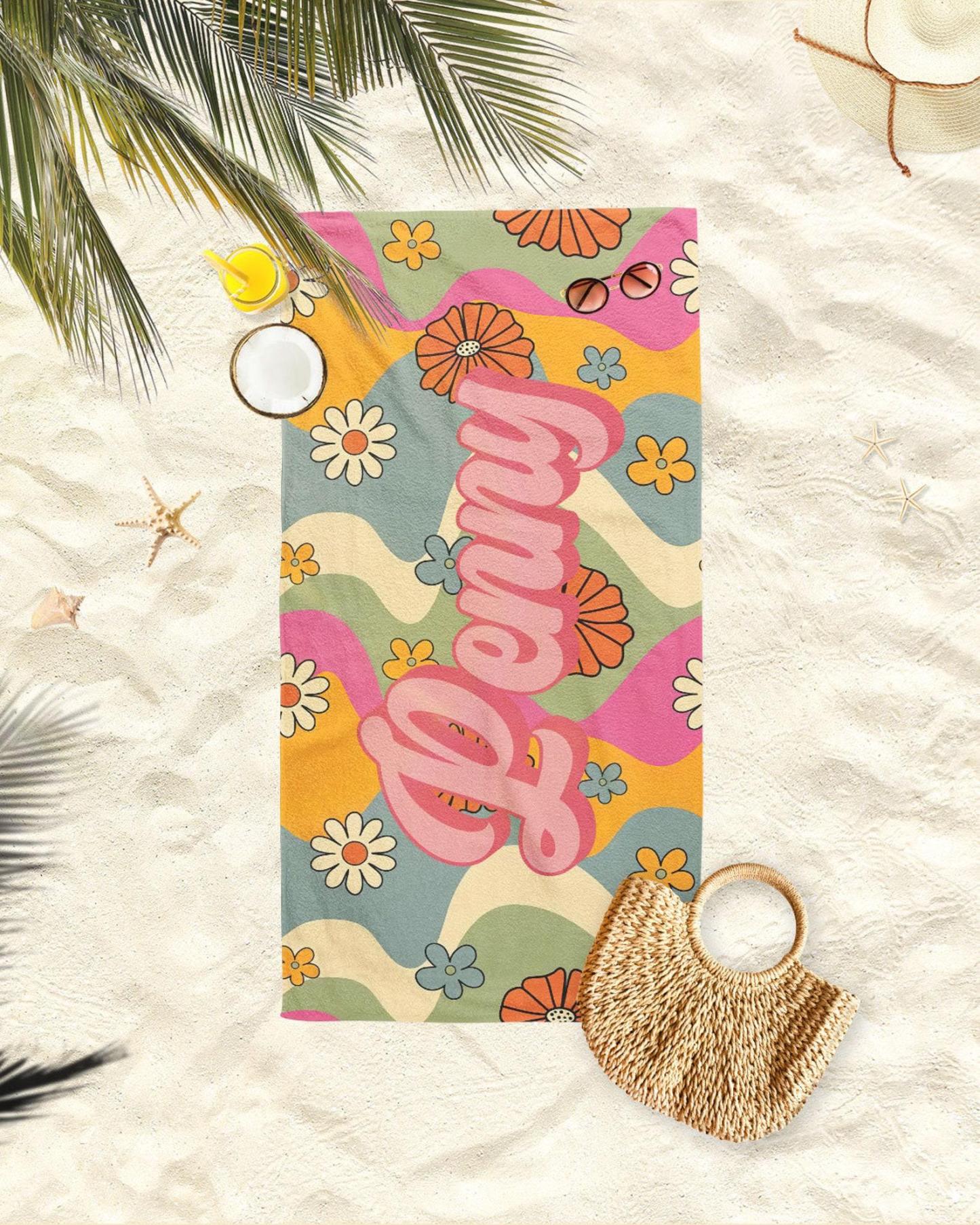 Custom Pink Flower Beach Towel,Personalized Bath Towel With Name,Pool Towel For Adults,Vacation Gift,Birthday Gift,Oversized Beach Towel - MyFaceBoxer