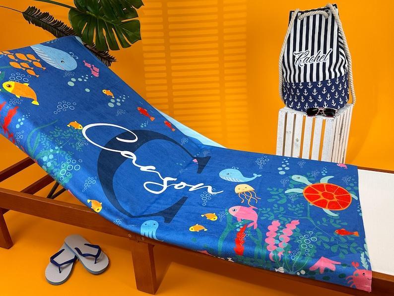 Custom Kids Beach Towels, Personalized Pool Towel with Your Name Bath Towel for Girls Boys Cute Baby Towel Ocean Print