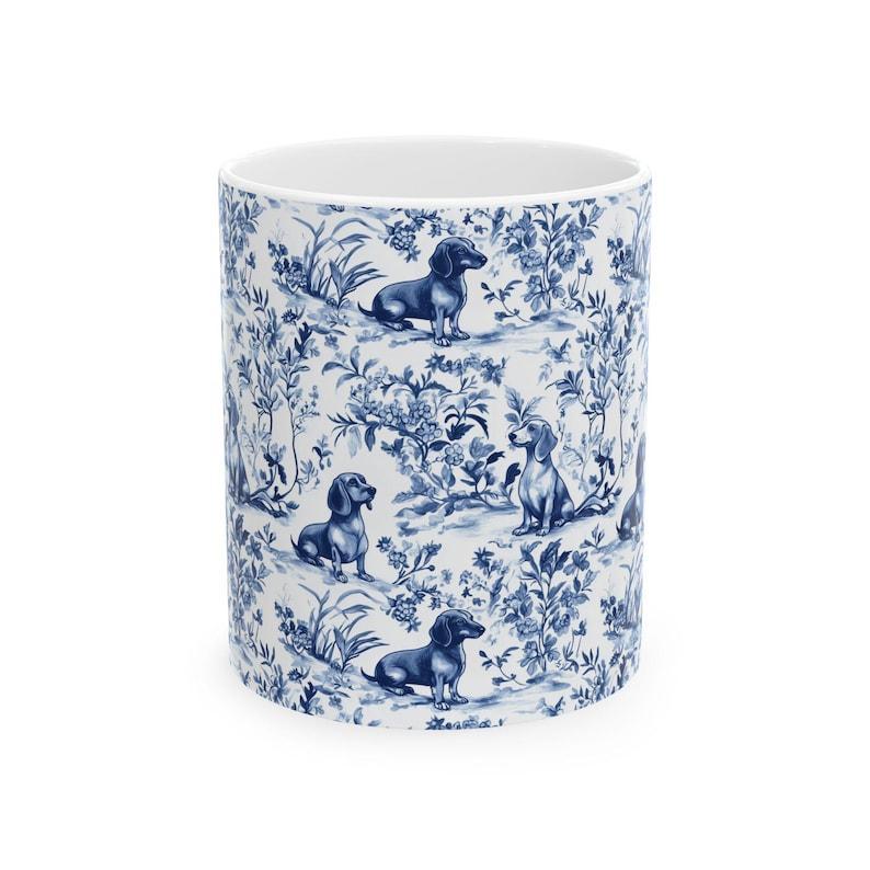Dachshund French Toile de Jouy Mug - Blue Toile Coffee Cup for Doxie Mom, Sausage Dog Lover Gifts, Dog Tea Drinkware