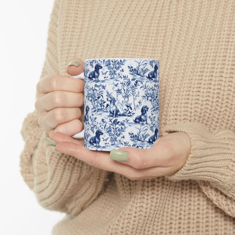 Dachshund French Toile de Jouy Mug - Blue Toile Coffee Cup for Doxie Mom, Sausage Dog Lover Gifts, Dog Tea Drinkware