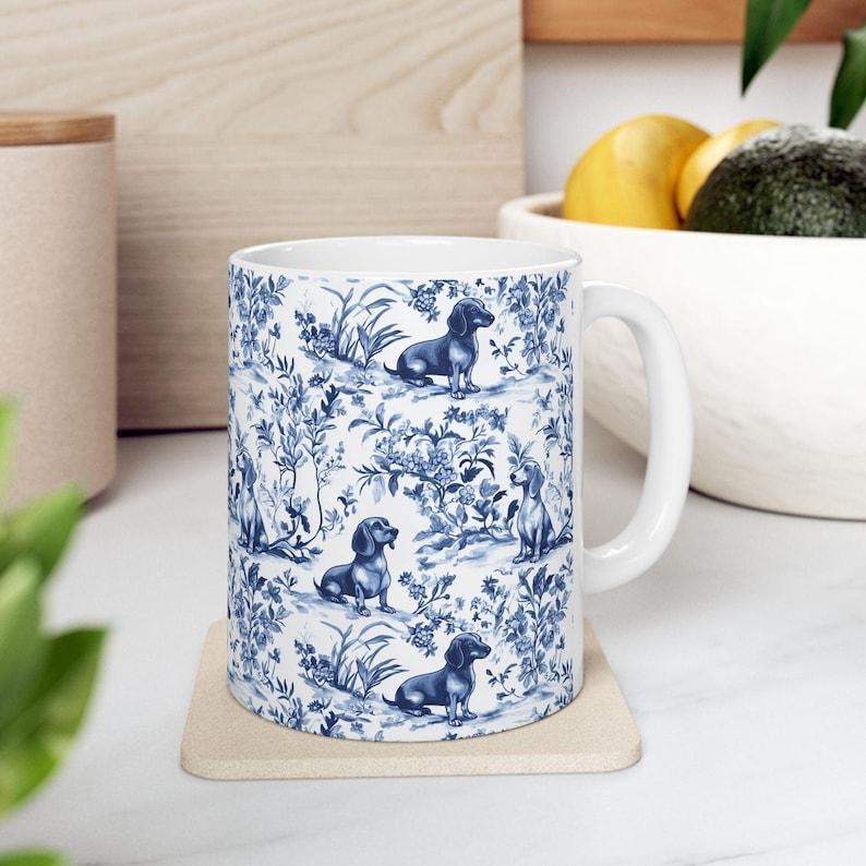 Dachshund French Toile de Jouy Mug - Blue Toile Coffee Cup for Doxie M