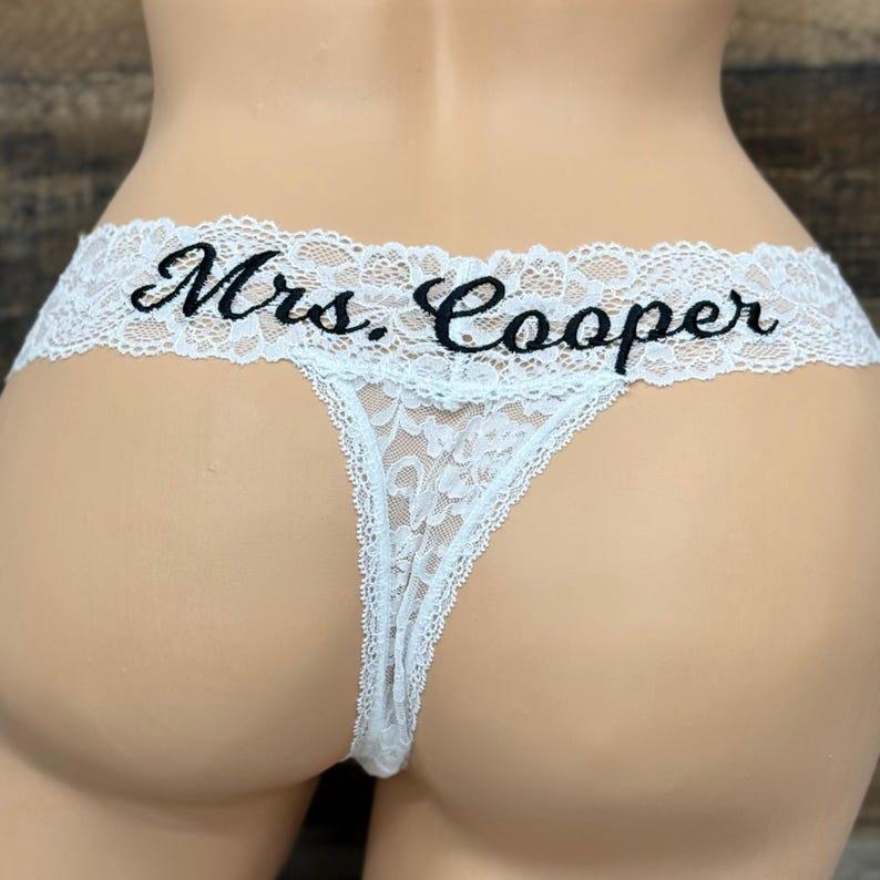 Personalized White Lace Bridal Thong Women`s Underwear