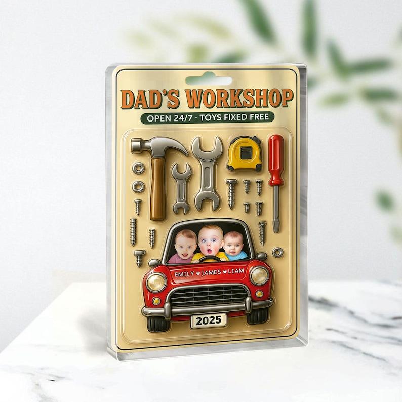 Dad Garage Fathers Day Gift For Dad, Acrylic Plaque Kids Face Car Toy Action Figure Baby Face New Dad Gift, Grandpa Gift, Dads Workshop Sign