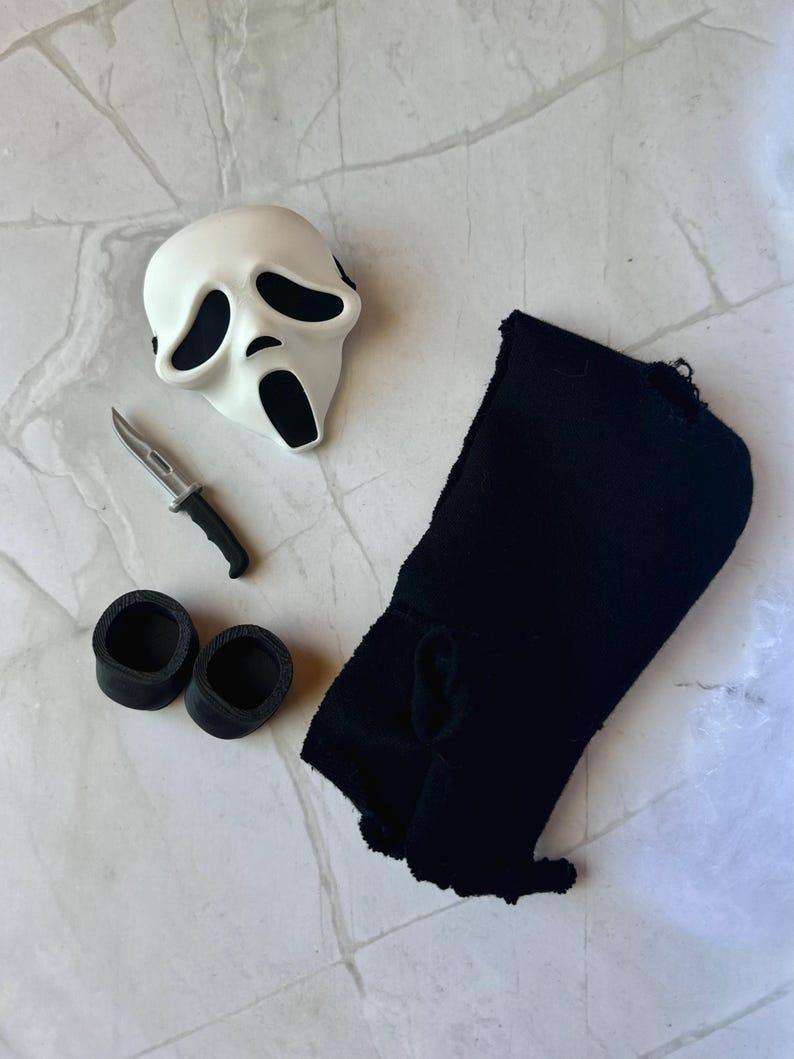 Horror Mask and Outfit Set for Doll, Slasher inspired costumes, Creepy Cute, Spooky Costume for Halloween, 6-Inch Plushie, Goth Theme