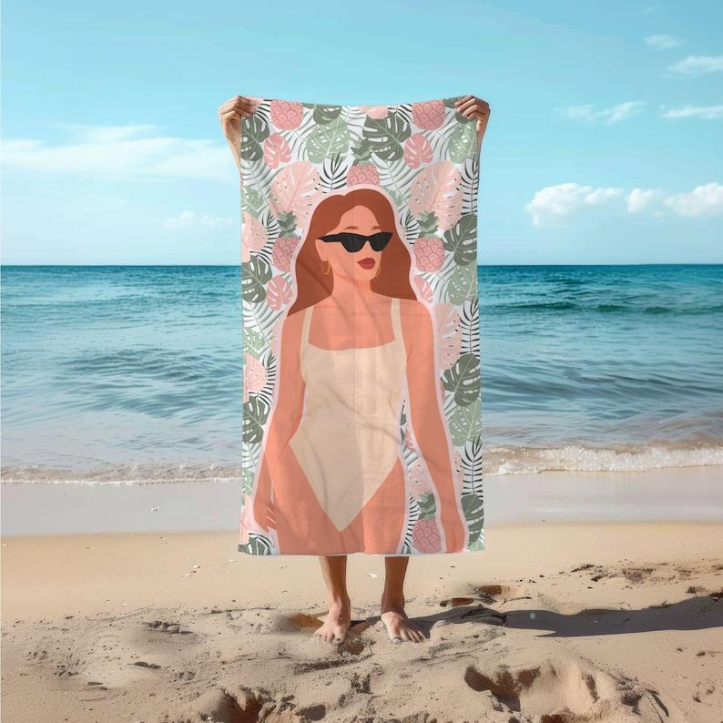 Retro Beach Towel, Vintage Style Poolside Accessory, Summer Must-Have, Vacation Towel, Tropical Leaves, Auburn Red Head or Brunette Hair